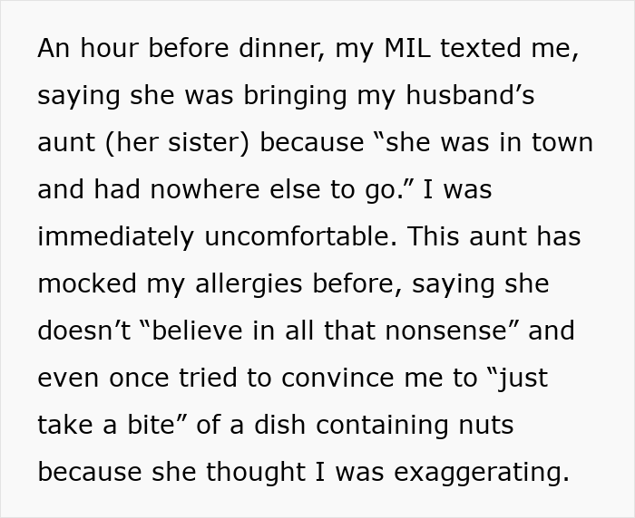 Text message exposes dinner drama with uninvited guest and uncomfortable allergies conversation.