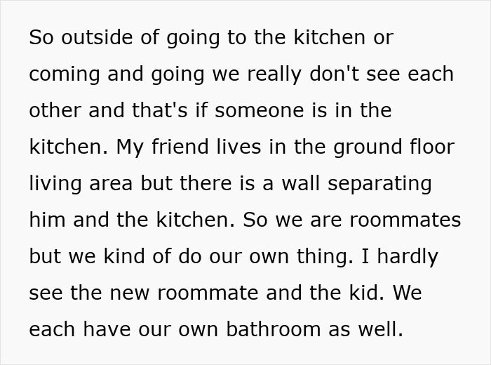 Roommate relationship dynamic with limited interaction, focused on private living spaces and shared kitchen use.