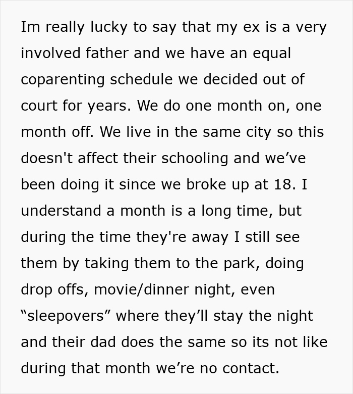 Text discussing co-parenting schedule with involved father, balancing shared responsibilities without affecting children's schooling. Text discussing co-parenting schedule with involved father, balancing shared responsibilities without affecting children's schooling.