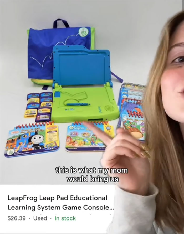 Woman discussing dangers of iPad kids with LeapFrog educational tools in the background.