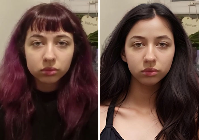 Digital makeover transformation showing a woman with purple hair changed to dark brown hair.