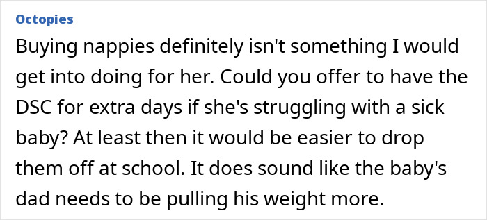 Comment discussing if husband's ex and baby issues are relevant, mentions buying nappies and taking DSC extra days.