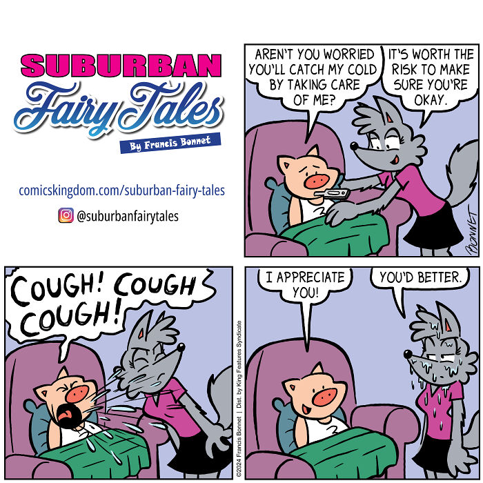 Comic panels showing relationship disasters from a pig’s perspective with caring and coughing characters.