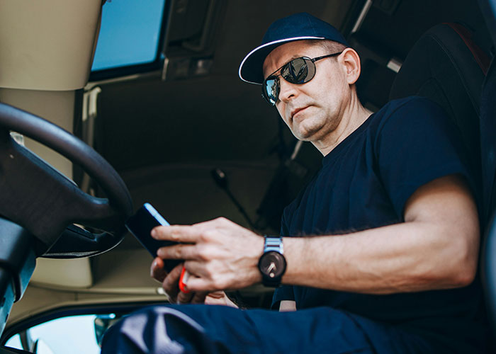 Man in a truck cabin wearing sunglasses and a cap, holding a smartphone.