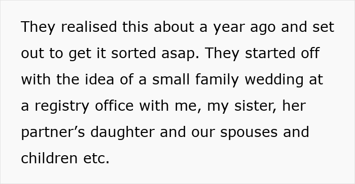Text discussing wedding plans at a registry office with family, including sister and partner's daughter.
