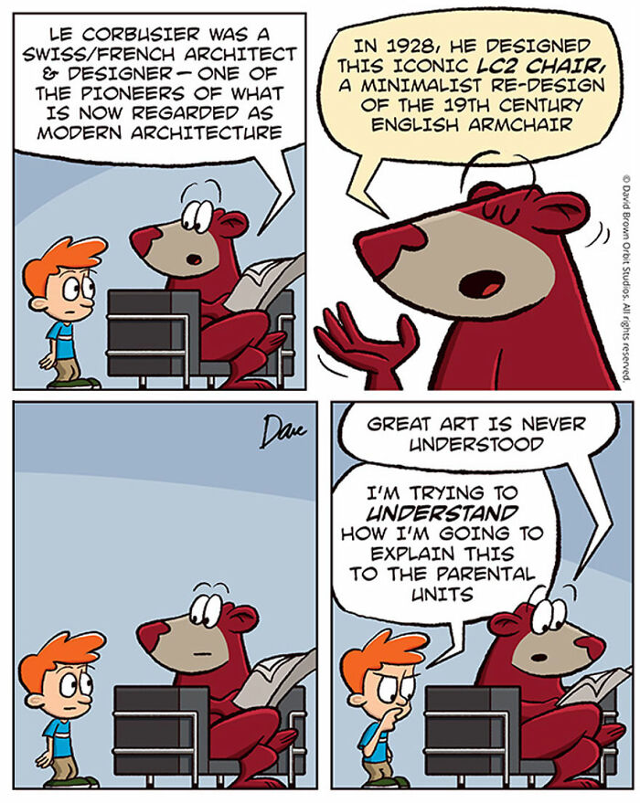 A cartoon bear explaining the LC2 chair's design to a boy; Planey Joey comic strip style.