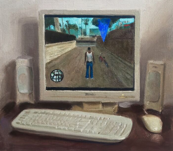 Oil painting of a vintage computer setup displaying a video game, reflecting Eastern Europe's collective nostalgia.