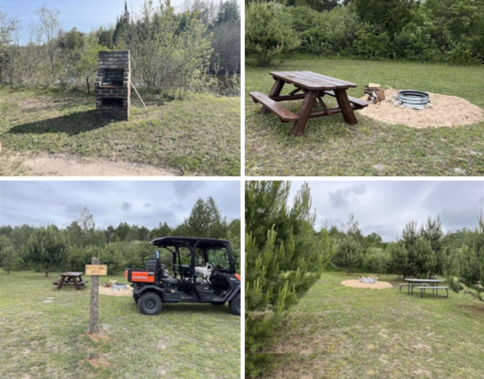 Outdoor campsite with picnic table, fire pit, and parked utility vehicle in a grassy area, illustrating cancelled reservations.