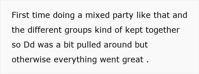 Text screenshot about a mixed birthday party successfully ending despite minor issues.