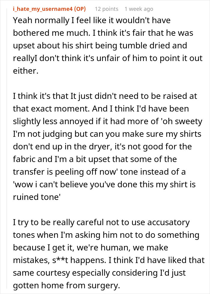 Text post detailing a wife's frustration over a laundry comment after returning home from surgery.