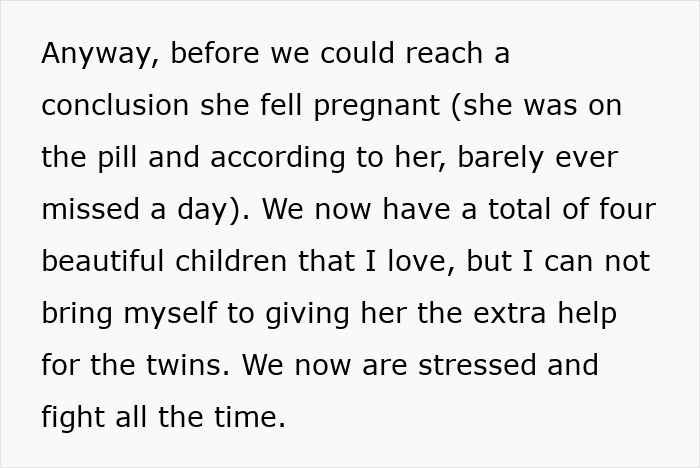 Text snippet discussing father's refusal to help with twins after vasectomy disagreement.