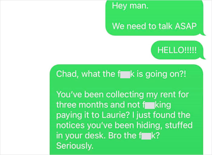 Text conversation revealing a man not paying rent, hiding notices, roommate demands explanation. Text conversation revealing a man not paying rent, hiding notices, roommate demands explanation.