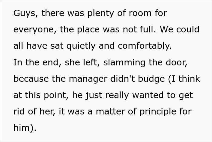 Text describing a restaurant conflict where a woman leaves angrily, slamming the door.