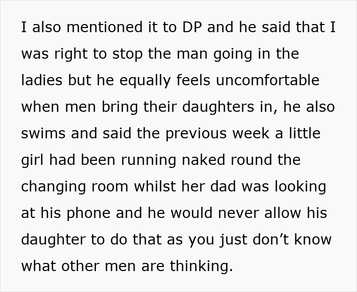 Text discussing discomfort about daughters in women's changing rooms.