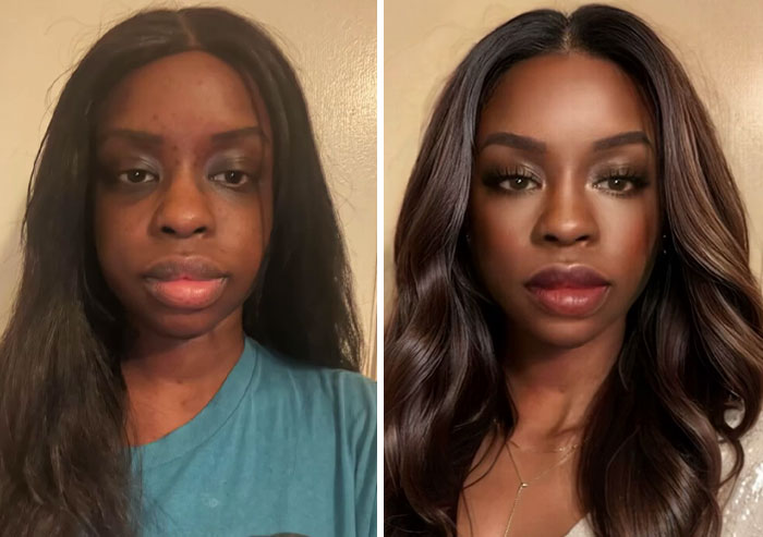 Digital makeover showing a before-and-after transformation by a content creator.