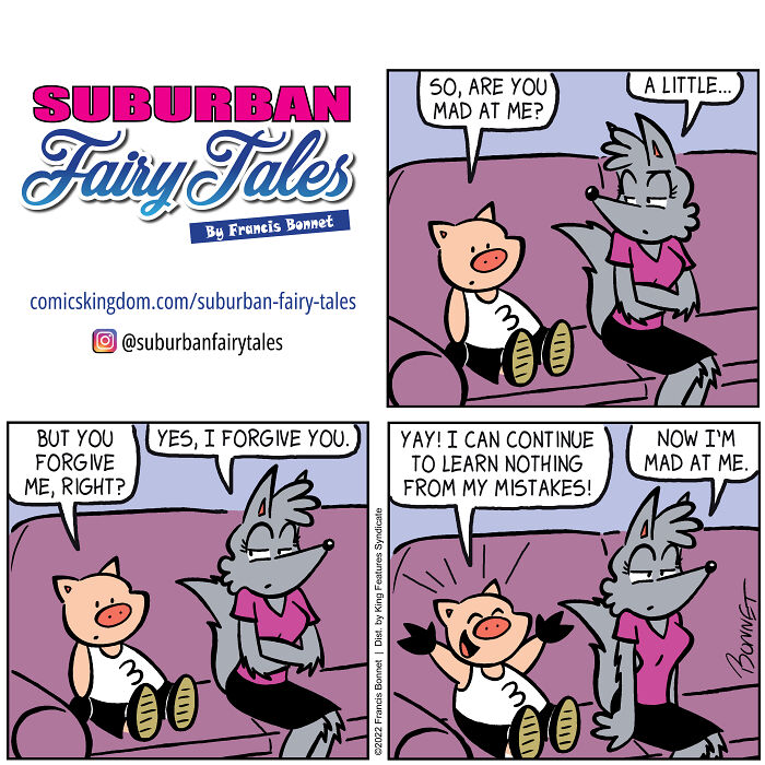 Comic strip showing relationship disasters from a pig's perspective with a pig and a wolf having a humorous conversation.