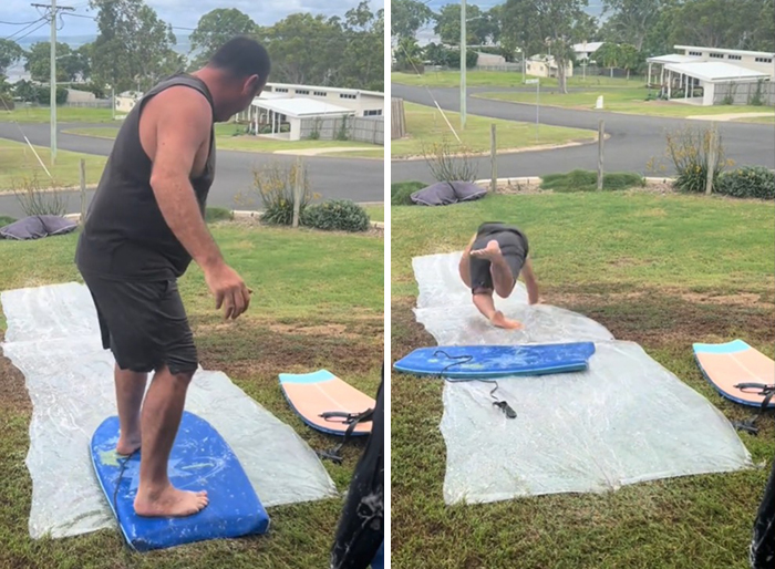 Man balancing on a slip-and-slide with a board, falling, illustrating a humorous emergency scenario.