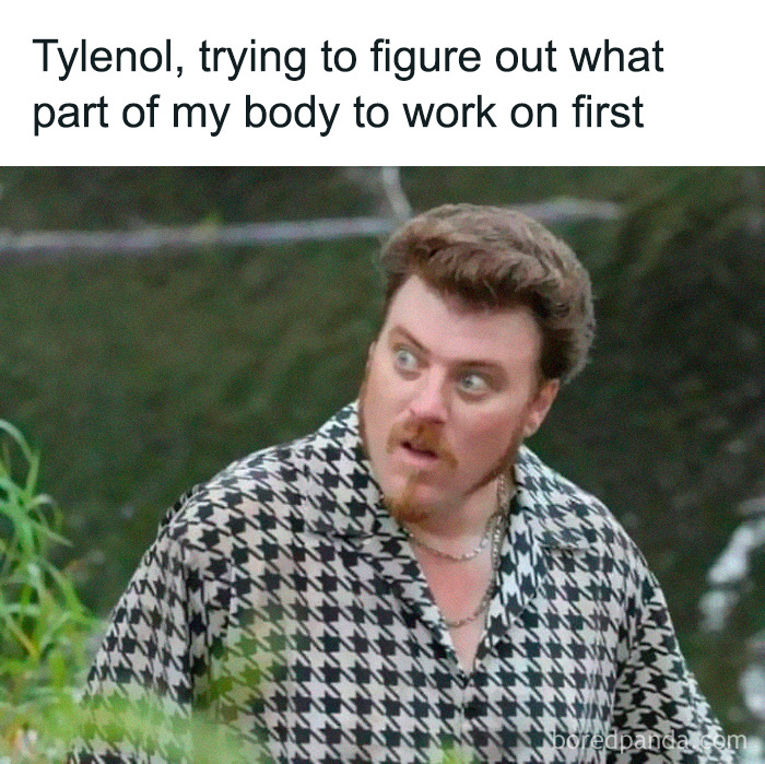 Man in a patterned shirt looking confused, with text about Tylenol deciding which body part to work on. Dad’s humor summarized.