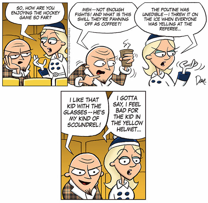 Cartoon featuring characters discussing hockey and coffee with humor related to Planey Joey.