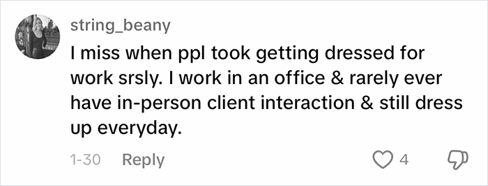 Comment discussing workplace outfits and appropriate dress code expectations in an office setting. Comment discussing workplace outfits and appropriate dress code expectations in an office setting.