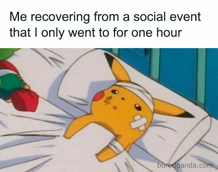 Anime character in a hospital bed, humorously representing exhaustion from social events; mental health meme context.