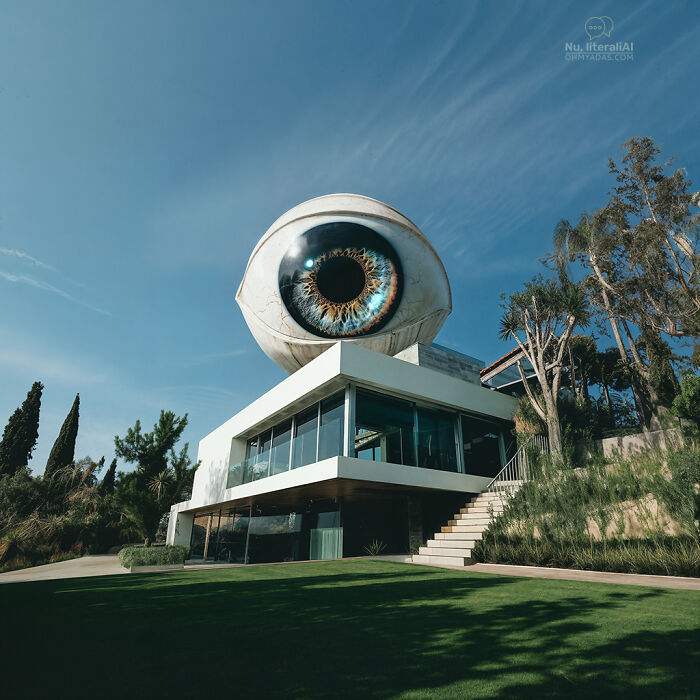 A house with a large eye structure on top, surrounded by trees, under a blue sky, highlighting funny native idioms.