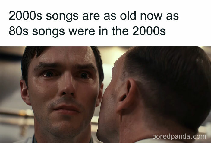 Two men face each other with text about 2000s songs and 80s nostalgia.