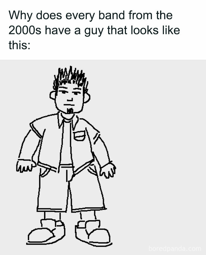 Cartoon drawing of a 2000s band member with spiky hair, goatee, and baggy shorts.