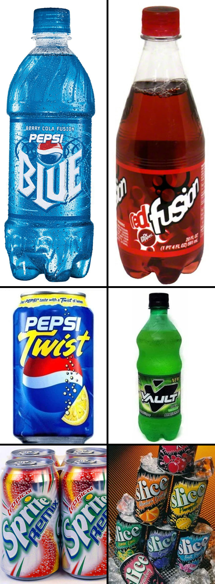 Nostalgic 2000s soda bottles and cans, including Pepsi Blue, Dr Pepper Red Fusion, and more vintage drinks.