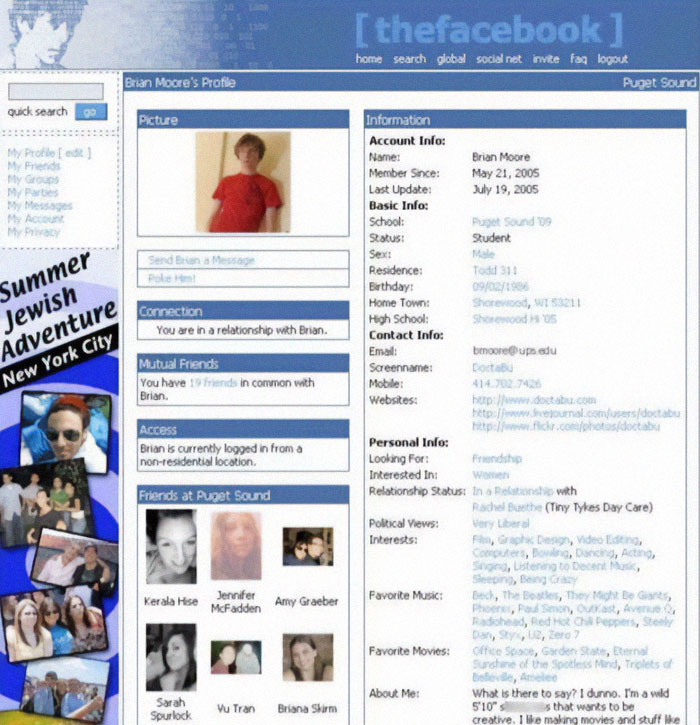 A nostalgic 2000s social media profile with details and friends list layout reminiscent of early online networking.