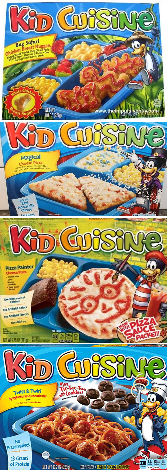 Kid Cuisine meal boxes featuring 2000s nostalgic designs, including pasta, pizza, and fun-shaped nuggets.