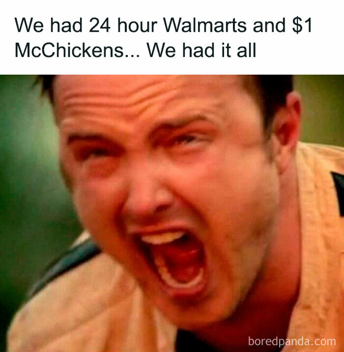 Man shouting with a nostalgic expression about 2000s memories like 24-hour Walmarts and $1 McChickens.