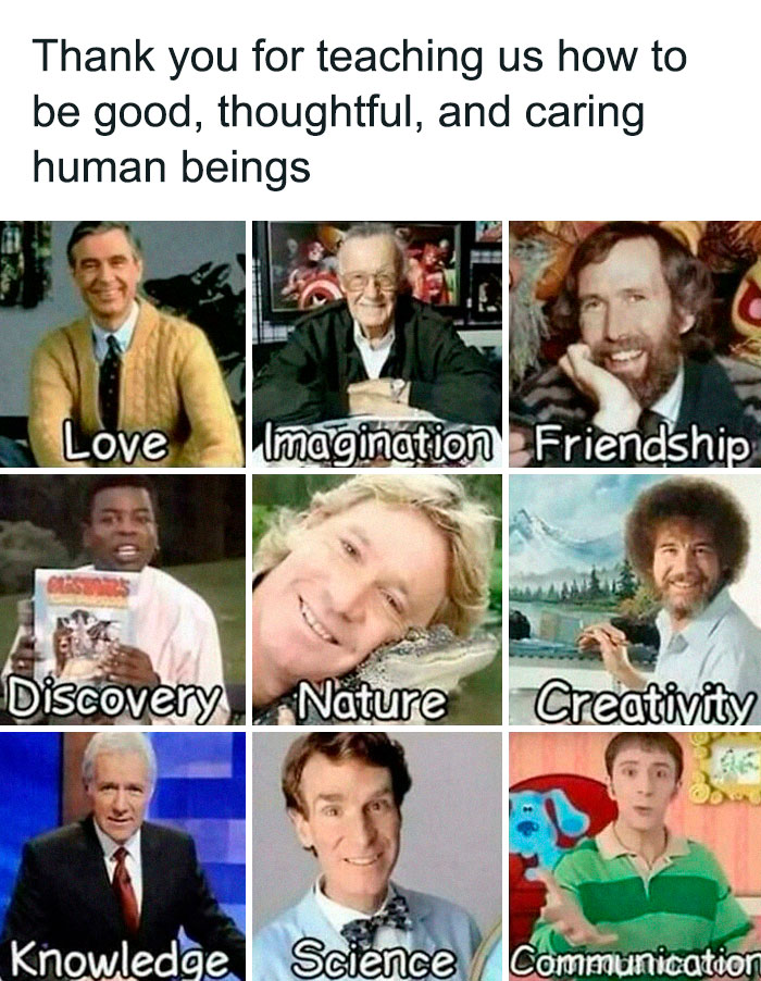 Collage of 2000s figures promoting love, imagination, friendship, discovery, nature, creativity, knowledge, science, and communication.