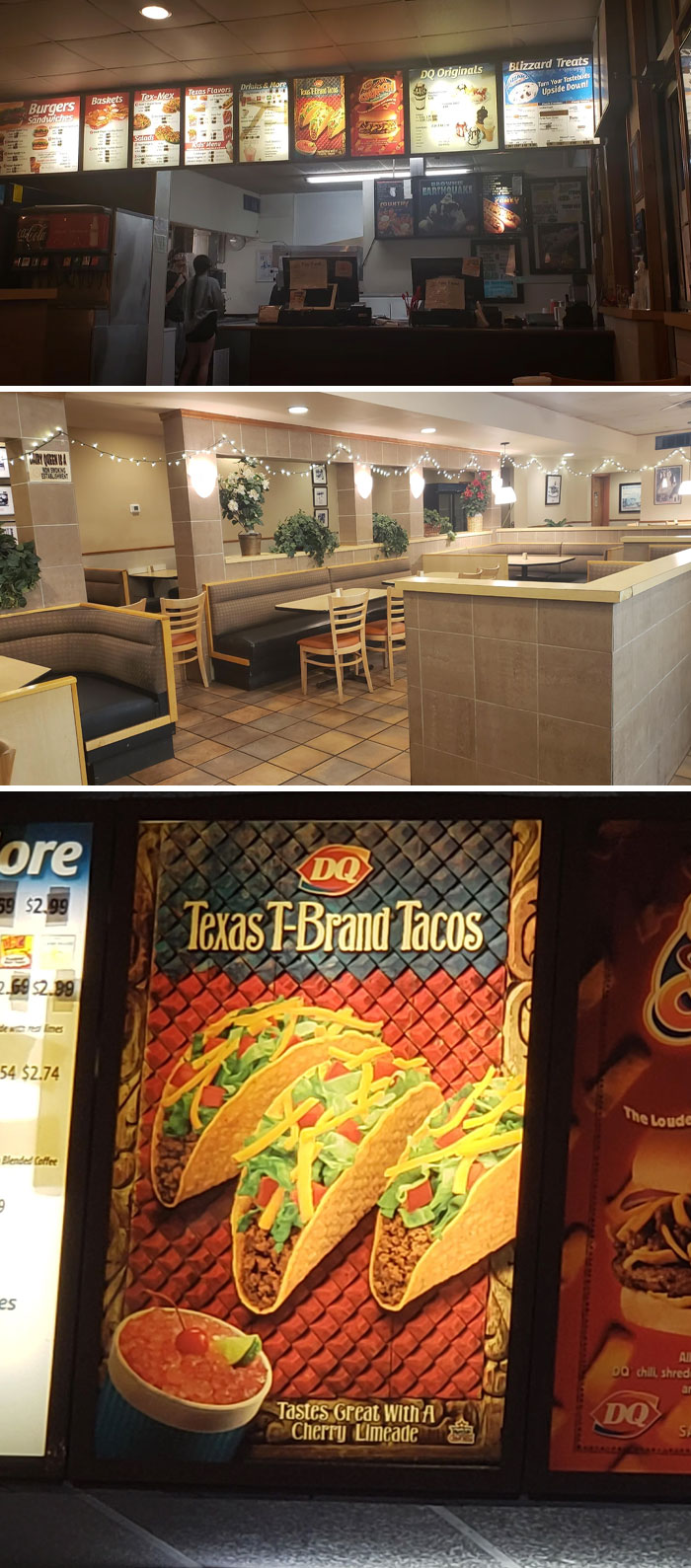 2000s Dairy Queen interior with menu board and Texas T-Brand Tacos advertisement.
