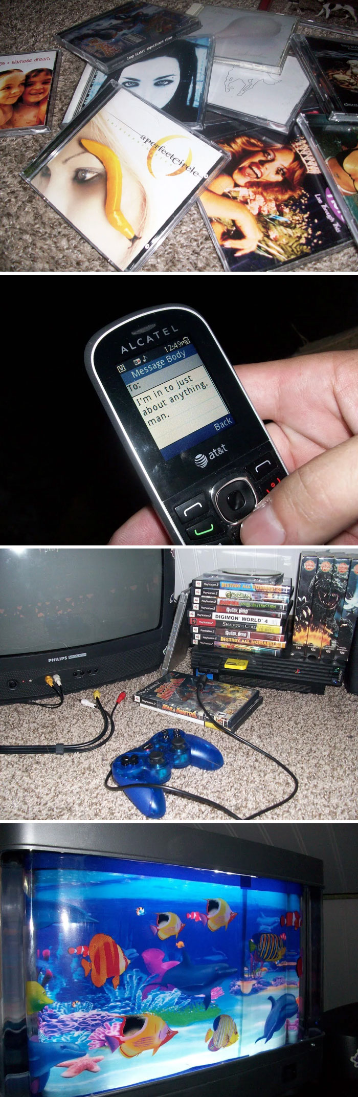 2000s nostalgia: stack of CDs, an old Alcatel phone, PlayStation 2 setup with games, and an animated fish screensaver on TV.