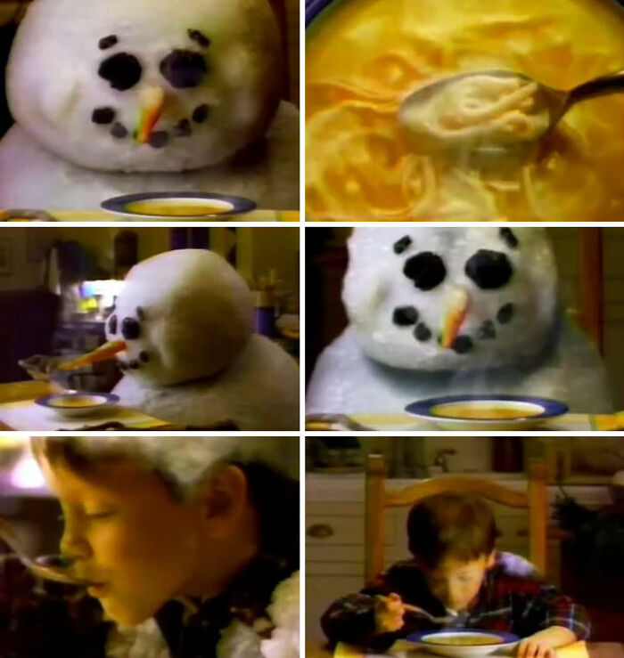Snowman and child enjoying soup, evoking 2000s nostalgia in six-panel collage.
