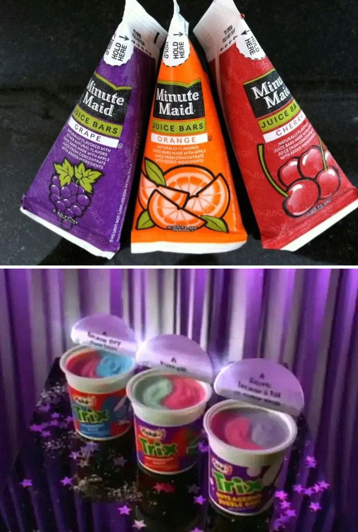 Minute Maid juice bars and Trix yogurt, iconic 2000s snacks, evoke nostalgia with vibrant packaging.