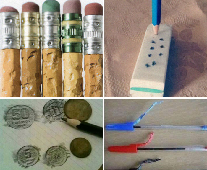 Chewed pencils, pencil in eraser, coin rubbings, broken pens; nostalgic 2000s memories.