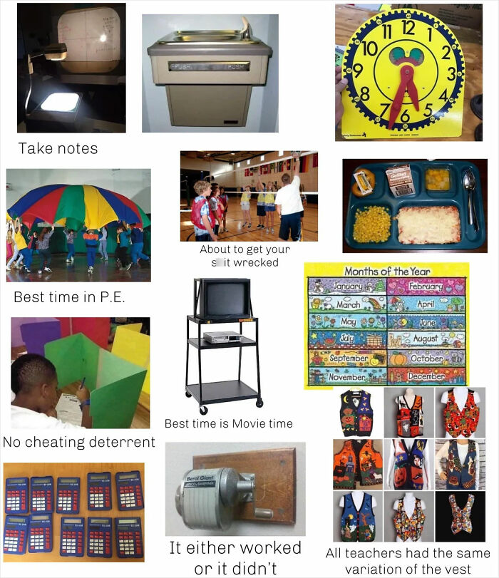 Collage of nostalgic 2000s school memories, including a projector, playground parachute, and vintage classroom items.