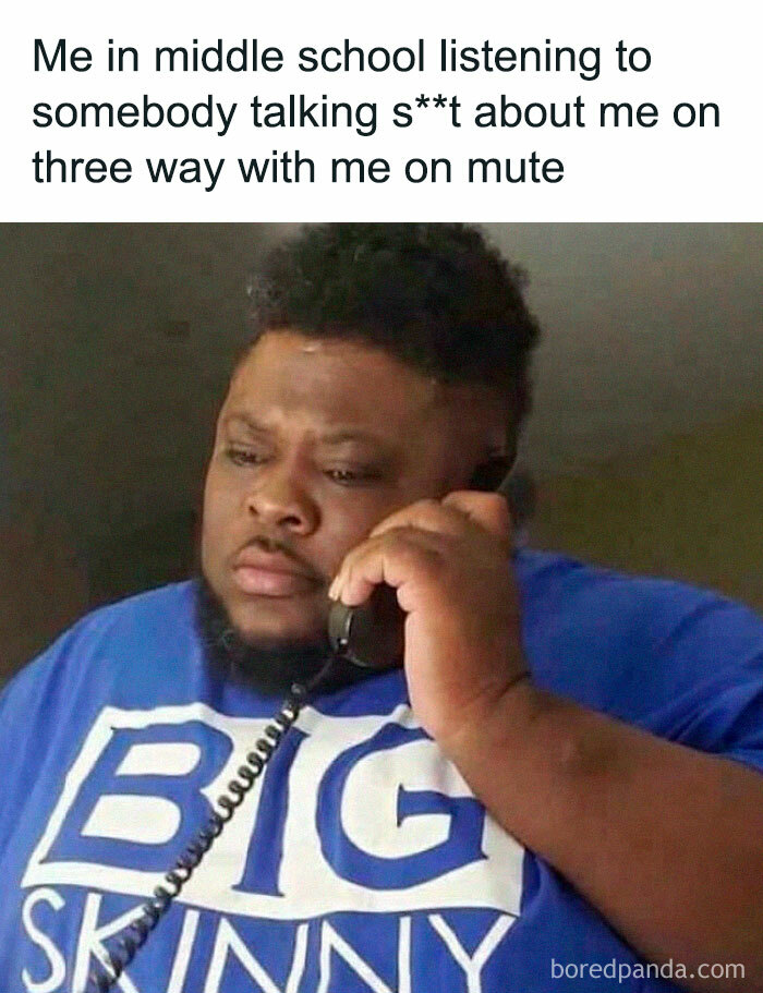 Man in a blue shirt on the phone, caption refers to a common 2000s three-way call scenario.