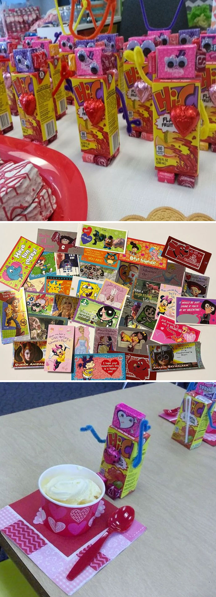 2000s nostalgia with Hi-C juice boxes, decorated Valentine's cards, and a dessert cup on a festive table setting.