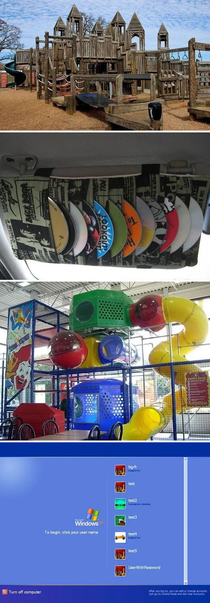 Playground, car CD holder, fast-food play area, Windows XP login screen; nostalgic 2000s memories unlocked.