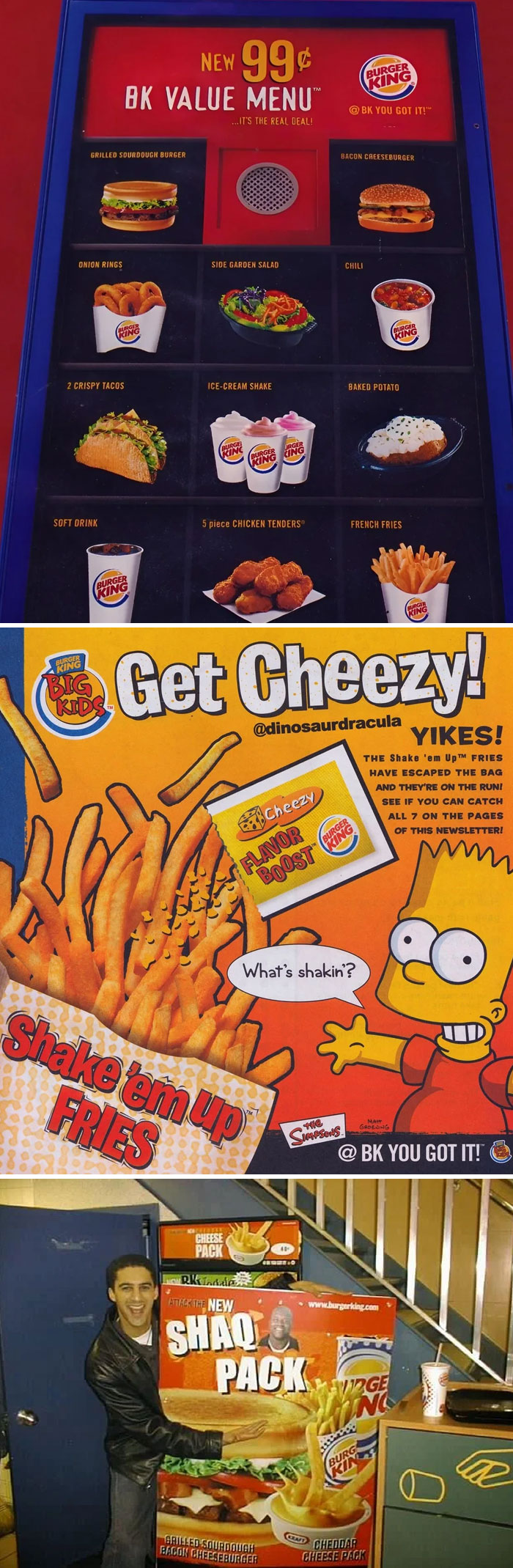 Burger King 2000s menu poster; Get Cheezy fries ad; person with Burger King Shaq Pack display.