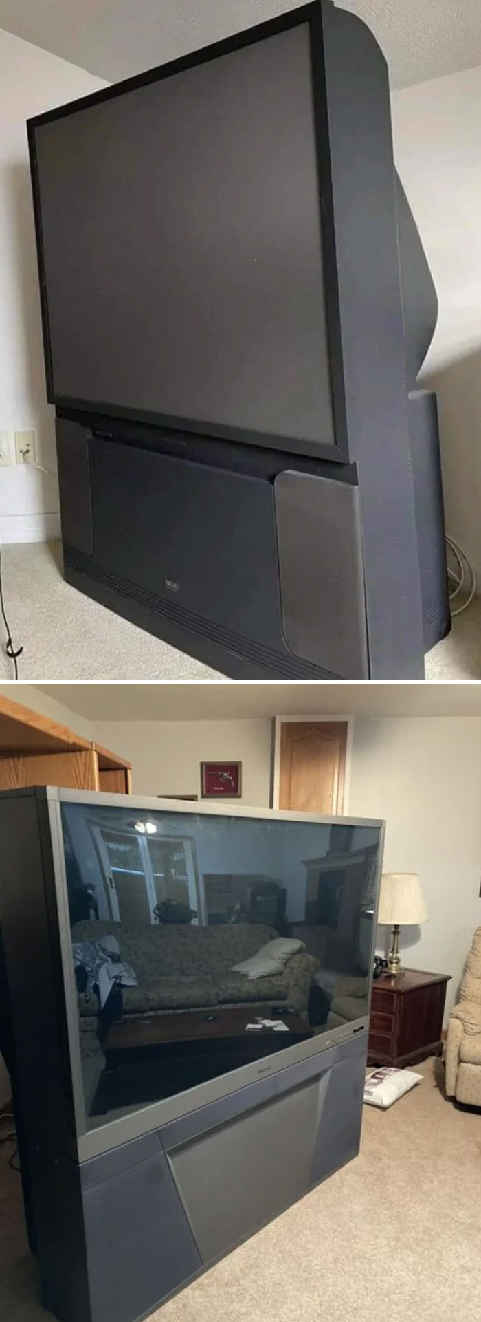 Bulky retro TVs from the 2000s in a living room setting.