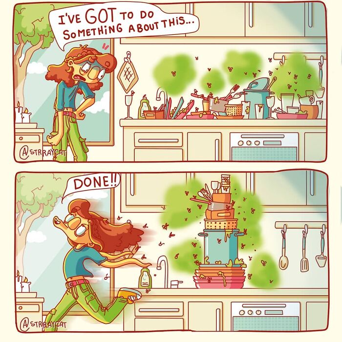 Comic of character overwhelmed by messy kitchen, sarcastically declaring it clean with stacks of dishes, illustrating twisted endings.