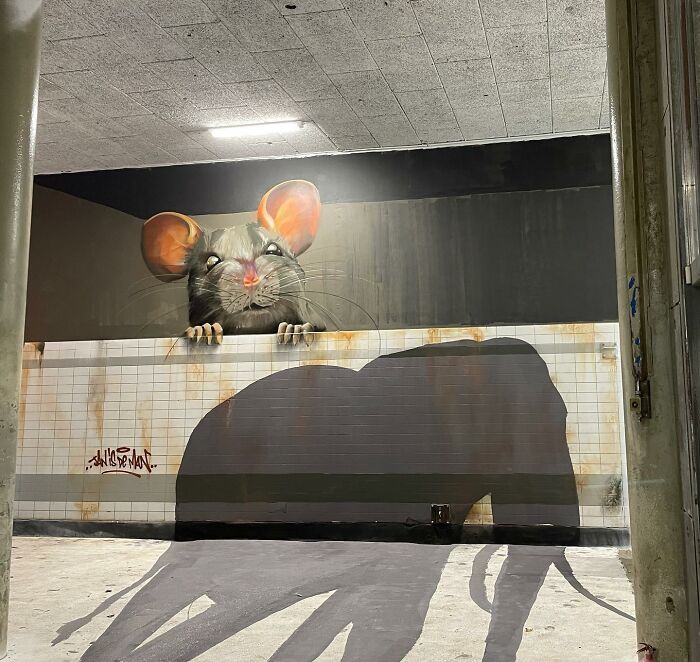 Hyperrealistic mural of a mouse and elephant shadow on city wall by Jan Is De Man.
