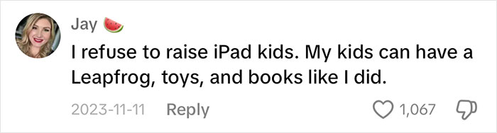Comment discussing the dangers of iPad kids, advocating traditional toys and books.