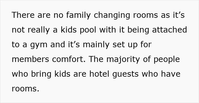 Text discussing lack of family changing rooms, emphasizing setup for member comfort and hotel guests with children.