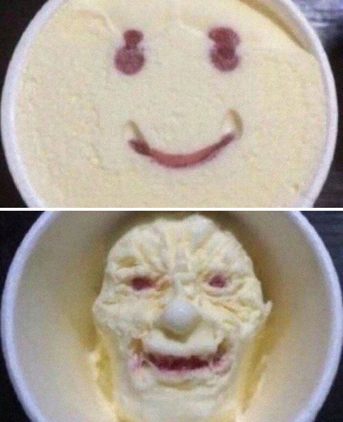 Helado con una cara sonriente arriba y una expresión inquietante abajo.