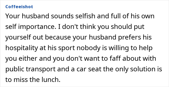 Text comment criticizing husband prioritizing sports over pregnant wife managing baby alone.